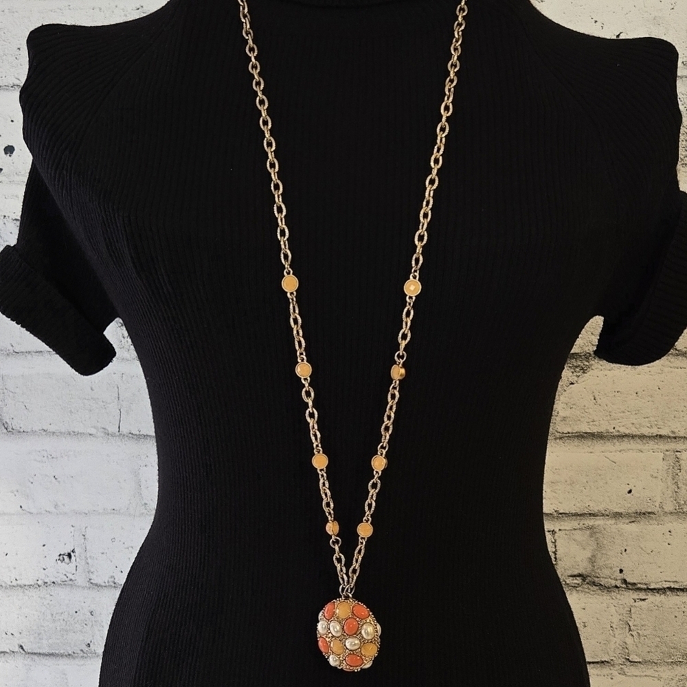 Lia Sophia Gold Tone Long Orb Pendant Necklace Orange Pearl Style Retired